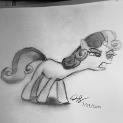 Size: 640x640 | Tagged: safe, artist:jstuart2006, sweetie belle, for whom the sweetie belle toils, angry, monochrome, pencil drawing, pouting, ribbon, scene, sketch, solo, traditional art