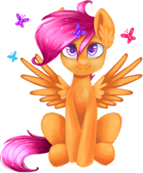 Size: 1024x1244 | Tagged: safe, artist:voilet14, scootaloo, butterfly, pegasus, pony, colored pupils, cute, cutealoo, female, filly, heart eyes, simple background, sitting, solo, spread wings, transparent background, wingding eyes, wings