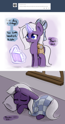 Size: 1190x2272 | Tagged: safe, artist:artguydis, oc, oc only, oc:disastral, askdisastral, broken horn, sleeping