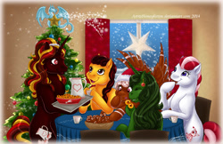 Size: 1024x662 | Tagged: safe, artist:honeykitten, oc, oc only, oc:evergreen, oc:gingersnap, oc:peppermint rock, oc:saffran, oc:spicy glow, dragon, earth pony, pegasus, pony, twinkle eyed pony, unicorn, candy, christmas, christmas tree, hearth's warming eve, tree