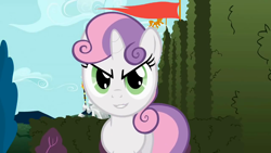 Size: 1280x720 | Tagged: safe, derpibooru import, sweetie belle, evil grin, inverted mouth, rapeface