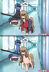 Size: 4921x7259 | Tagged: safe, artist:star-killer89, absurd resolution, clothes, mouth hold, ponified, school uniform, taiga aisaka, takasu ryuuji, toradora, wooden sword