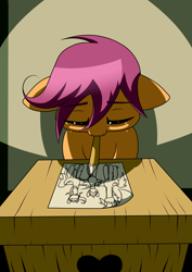 Size: 2480x3507 | Tagged: safe, artist:torifeather, scootaloo, abandoned, alone, crying, drawing, mouth hold, orphan, pencil, sad, scootalone, scootasad