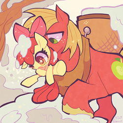 Size: 626x627 | Tagged: safe, artist:shimanie, apple bloom, big macintosh, earth pony, pony, cute, male, pixiv, snow, stallion