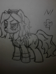 Size: 1920x2560 | Tagged: safe, artist:umbravivens, oc, oc:vivian james, earth pony, pony, /v/, 4chan, clothes, clover, female, four leaf clover, freckles, hoodie, mare, monochrome, traditional art