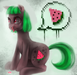 Size: 800x779 | Tagged: dead source, safe, artist:crookedtrees, oc, oc only, bleeding, blood, solo, thinking, watermelon