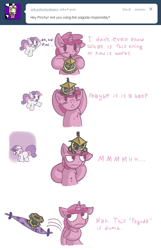 Size: 495x769 | Tagged: safe, artist:haute-claire, ruby pinch, sweetie belle, ask, ask ruby pinch, hat, pagoda, tumblr