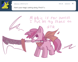 Size: 491x393 | Tagged: safe, artist:haute-claire, ruby pinch, ask, ask ruby pinch, mouth hold, solo, tumblr, weapon