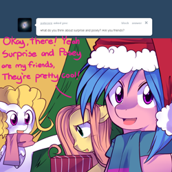 Size: 800x800 | Tagged: safe, artist:pekou, firefly, posey, surprise, g1, ask, ask fyrefly, christmas tree, clothes, hat, santa hat, scarf, tree, tumblr