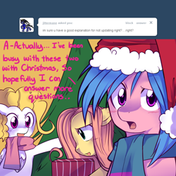 Size: 800x800 | Tagged: safe, artist:pekou, firefly, posey, surprise, g1, ask, ask fyrefly, christmas tree, clothes, hat, santa hat, scarf, tree, tumblr