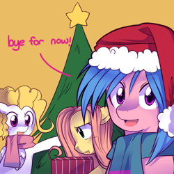 Size: 800x800 | Tagged: safe, artist:pekou, firefly, posey, surprise, g1, ask, ask fyrefly, christmas tree, clothes, hat, santa hat, scarf, tree, tumblr