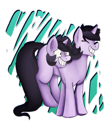 Size: 639x746 | Tagged: safe, artist:playgroundholocaust, oc, oc only, oc:topsy turvy, pony, unicorn, conjoined, conjoined twins, eyes closed, female, filly, grin, gritted teeth, teeth, two heads, wide eyes