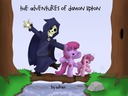 Size: 722x540 | Tagged: safe, artist:mr-101, berry punch, berryshine, ruby pinch, human, fanfic art, fanfic cover, skeleton