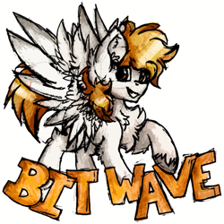 Size: 1035x1037 | Tagged: safe, artist:iroxykun, oc, oc only, oc:bit wave, pegasus, pony, badge, con badge, cutie mark, male, stallion, text, wings