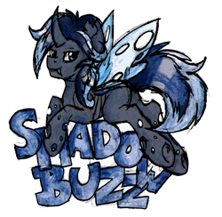 Size: 1081x1054 | Tagged: safe, artist:iroxykun, oc, oc only, oc:shadow buzz, changeling, badge, blue changeling, con badge, horn, male, stallion, wings