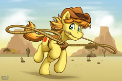 Size: 1117x745 | Tagged: safe, artist:bcpony, braeburn, earth pony, pony, cactus, clothes, hat, lasso, male, mouth hold, rope, solo, stallion, tree