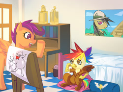 Size: 1200x900 | Tagged: safe, artist:bakki, daring do, scootaloo, oc, oc:rainbow feather, hippogriff, bed, bedroom, interior, interspecies offspring, magical lesbian spawn, offspring, older, parent:gilda, parent:rainbow dash, parents:gildash, poster, sleeping bag