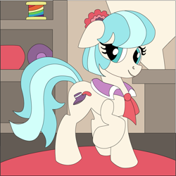 Size: 867x867 | Tagged: safe, artist:the-paper-pony, coco pommel, floppy ears, rainbow thread, raised hoof, shadowbox, solo