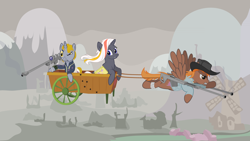 Size: 1280x720 | Tagged: safe, artist:catsby, oc, oc only, oc:calamity, oc:littlepip, oc:velvet remedy, pegasus, pony, unicorn, fallout equestria, bag, battle saddle, bullet hole, cart, clothes, dashite, fanfic, fanfic art, female, fluttershy medical saddlebag, flying, glowing horn, gritted teeth, gun, hat, hooves, horn, levitation, magic, male, mare, medical saddlebag, optical sight, pipbuck, rifle, ruins, saddle bag, scope, sniper rifle, stallion, teeth, telekinesis, vault suit, wasteland, weapon, wings