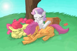 Size: 797x527 | Tagged: safe, artist:jeremy3, apple bloom, scootaloo, sweetie belle, pony, cuddle puddle, cuddling, cutie mark crusaders, sleeping, tree