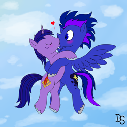 Size: 2000x2000 | Tagged: safe, artist:daskshine, oc, oc only, oc:dask shine, oc:skynight star, base used, blushing, flying, gay, heart, kissing, male, shipping, sky, spread wings, unexpected