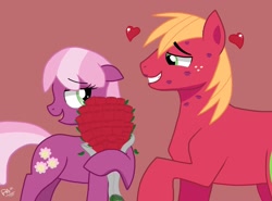 Size: 1817x1341 | Tagged: safe, artist:pimpartist101, big macintosh, cheerilee, earth pony, pony, cheerimac, flower, kiss mark, male, rose, shipping, stallion, straight