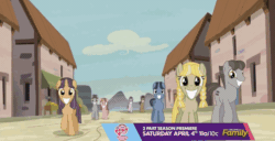 Size: 844x431 | Tagged: safe, screencap, tornado bolt, earth pony, pegasus, pony, unicorn, the cutie map, animated, community, creepy, creepy smile, crying inside, cult, equal cutie mark, equalized, equalized mane, fake smile, female, filly, foal, forced smile, hair bun, male, mare, market, obscured face, our town, pigtails, plot, smiling, spread wings, stallion, town, twintails, walking, wide smile, wings