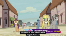 Size: 1257x692 | Tagged: safe, screencap, earth pony, pony, unicorn, the cutie map, bacon braids, creepy, creepy smile, cult, equal cutie mark, equalized, equalized mane, fake smile, female, forced smile, male, mare, meme, misspelling, offbeat, our town, pigtails, smiling, stallion, twintails, walking, wide smile, youtube caption