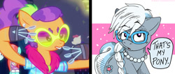 Size: 1200x509 | Tagged: safe, artist:kaemantis, screencap, plaid stripes, silver spoon, the saddle row review, braces, clothes, necklace, open mouth, pearl necklace, pony that's my pony, side by side, speech bubble, spoon, sunglasses, that's my pony, that's my x