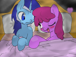 Size: 886x665 | Tagged: safe, artist:apyorehe, berry punch, berryshine, minuette, bed, berrygate, blushing, female, lesbian, pixiv, shipping