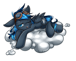 Size: 900x722 | Tagged: safe, artist:moenkin, oc, oc only, oc:eternal feather, cloud, goggles, simple background, sleeping, solo, transparent background, wink