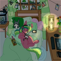 Size: 700x700 | Tagged: safe, artist:boredtabletfilly, oc, oc only, bed, computer, headphones