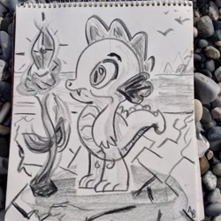 Size: 1936x1936 | Tagged: safe, artist:snow, spike, dragon, monochrome, solo, traditional art