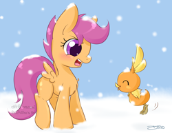 Size: 2200x1700 | Tagged: safe, artist:mrsremi, scootaloo, crossover, pokémon, snow, snowfall, torchic, winter