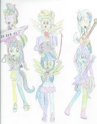 Size: 1690x2161 | Tagged: safe, artist:berrypunchrules, blueberry cake, cherry crash, drama letter, mystery mint, starlight, tennis match, watermelody, equestria girls, rainbow rocks, alternate costumes, background human, band, drums, guitar, microphone, ponied up, pony ears, traditional art, wings