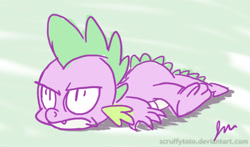 Size: 500x294 | Tagged: safe, artist:scruffytoto, spike, dragon, lying down, male, meh, reaction image, solo, spike is not amused, unamused