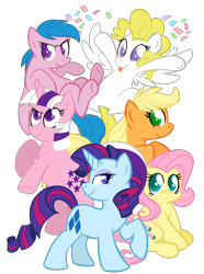 Size: 2158x2907 | Tagged: safe, artist:voraire, applejack (g1), firefly, posey, sparkler (g1), surprise, twilight, earth pony, pegasus, pony, unicorn, g1, colored pupils, confetti, cute, female, g1 six, g1 to g4, generation leap, high res, mare, simple background, smiling, tongue out, transparent background