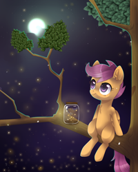 Size: 1024x1280 | Tagged: safe, artist:nayra-the-wolf, scootaloo, firefly (insect), bottle, cute, cutealoo, moon, night, reflection, solo, tree