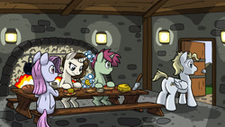 Size: 2400x1350 | Tagged: safe, artist:latecustomer, surprise, oc, pegasus, pony, unicorn, april, back, bread, cheese, door, doorway, female, fireplace, group, indoors, inn, interior, magic, male, scene, table, tavern