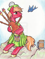 Size: 900x1166 | Tagged: safe, artist:oriwhitedeer, big macintosh, bird, earth pony, pony, semi-anthro, bagpipes, cider, kilt, male, solo, stallion