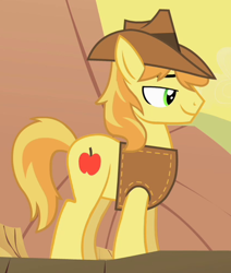 Size: 422x498 | Tagged: safe, screencap, braeburn, earth pony, pony, over a barrel, clothes, cropped, desert, hat, lidded eyes, male, smiling, solo, stallion, vest