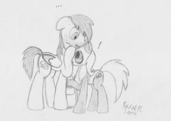 Size: 1063x751 | Tagged: safe, artist:poldekpl, oc, oc only, oc:gloomy panda, oc:poldek, earth pony, pegasus, pony, facial hair, monochrome, pencil drawing, traditional art