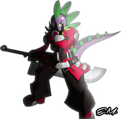 Size: 779x764 | Tagged: safe, artist:the-equestrian-mist, spike, anthro, belts, blazblue, crossover, ragna the bloodedge, scar, solo, spike the number one bloodedge, stupid sexy spike, sword, teenage spike