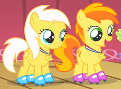 Size: 579x423 | Tagged: safe, screencap, peachy pie, sunny daze, earth pony, pony, the show stoppers, background pony, cropped, duo focus, female, filly, medal, roller skates