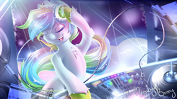 Size: 1680x944 | Tagged: safe, artist:knifeh, oc, oc only, oc:megabyte brony, earth pony, pony, cord, disc jockey, headset, lights, musician