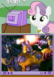 Size: 450x638 | Tagged: safe, sweetie belle, sweetie bot, pony, robot, robot pony, unicorn, beast wars, cheetor, exploitable meme, female, filly, foal, horn, meme, obligatory pony, text, transformers, tv meme, voice actor joke, waspinator