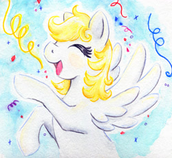 Size: 3973x3651 | Tagged: safe, artist:rayechu, surprise, g1, adoraprise, cute, happy, solo, streamers, traditional art