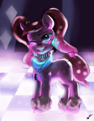 Size: 3111x4000 | Tagged: safe, artist:mrscurlystyles, pacific glow, the saddle row review, absurd resolution, grin, jewelry, lidded eyes, looking at you, necklace, one eye closed, smiling, solo, wink