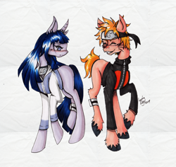 Size: 2329x2200 | Tagged: safe, artist:luckryo, pony, blushing, clothes, eyes closed, female, headband, hyuuga hinata, male, mare, naruhina, naruto, ponified, raised hoof, smiling, stallion, traditional art, uzumaki naruto