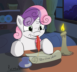 Size: 1917x1785 | Tagged: safe, artist:rainihorn, sweetie belle, candle, friendship report, letter, mouth hold, night, quill, scroll, sitting, solo, writing